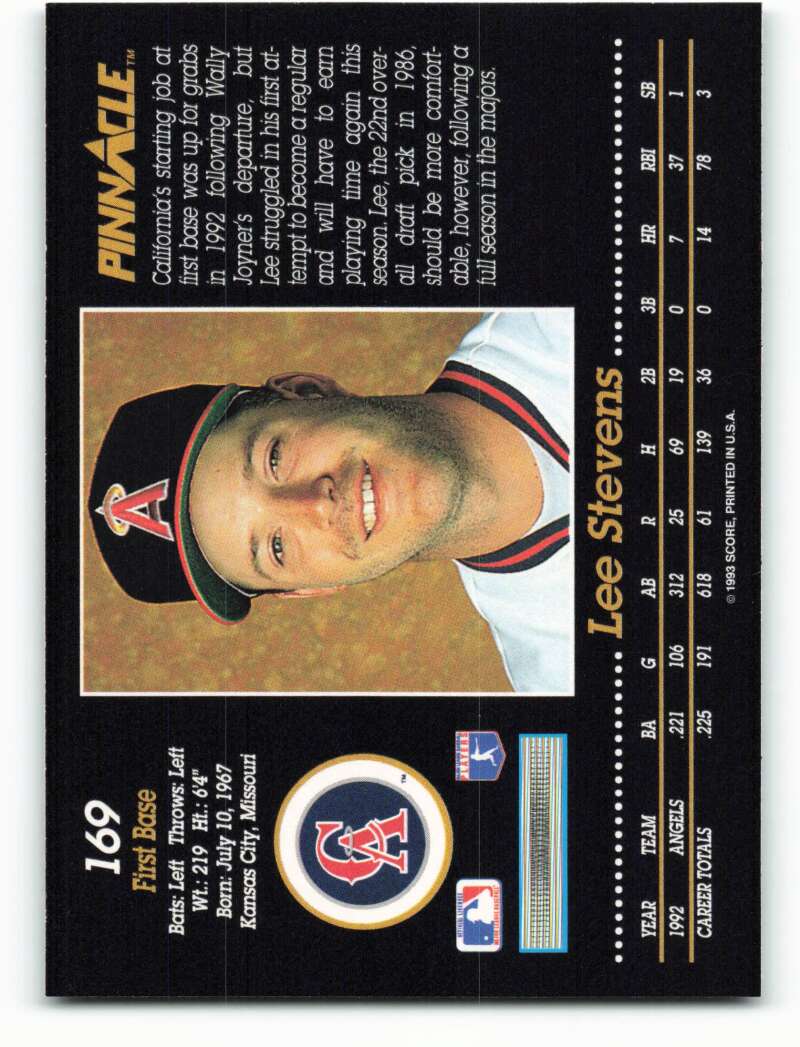 Lee Stevens California Angels Baseball Card in navy cap and white jersey with red trim