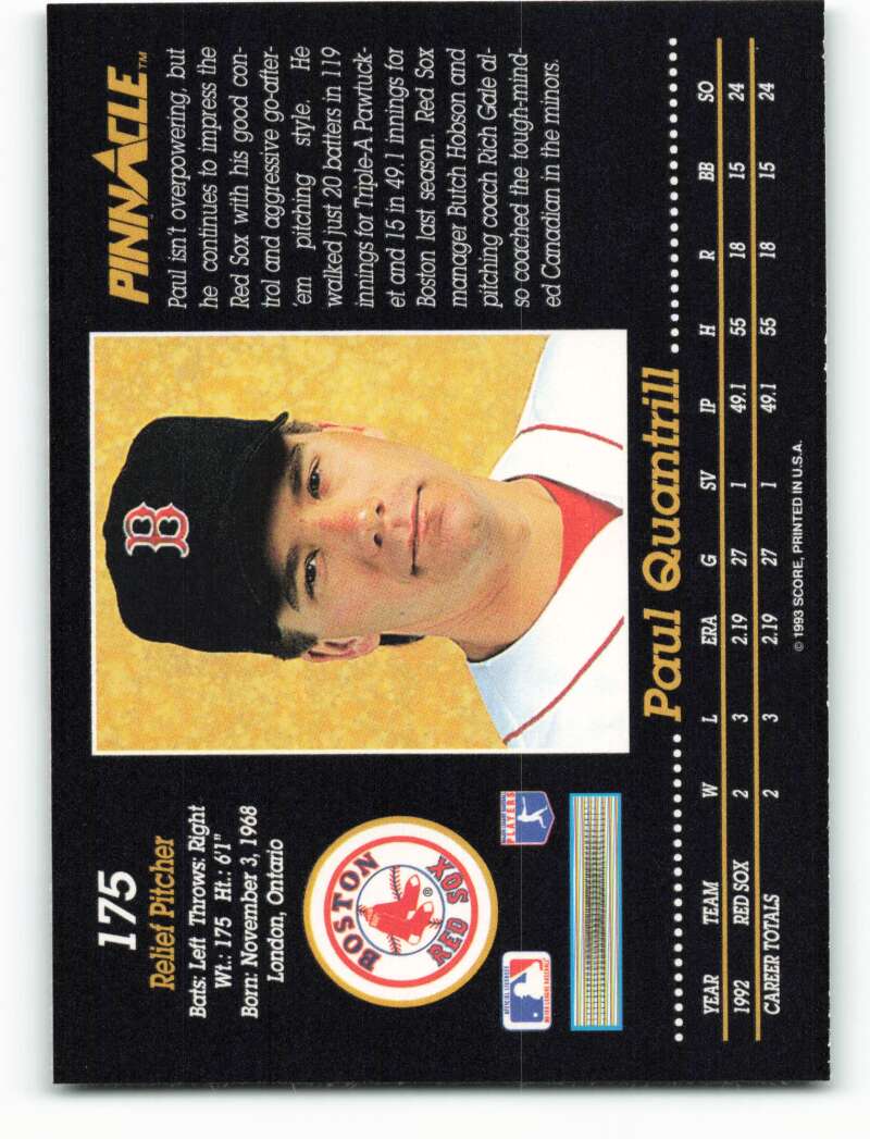 Baseball trading card of Paul Quantrill, Boston Red Sox player on yellow background