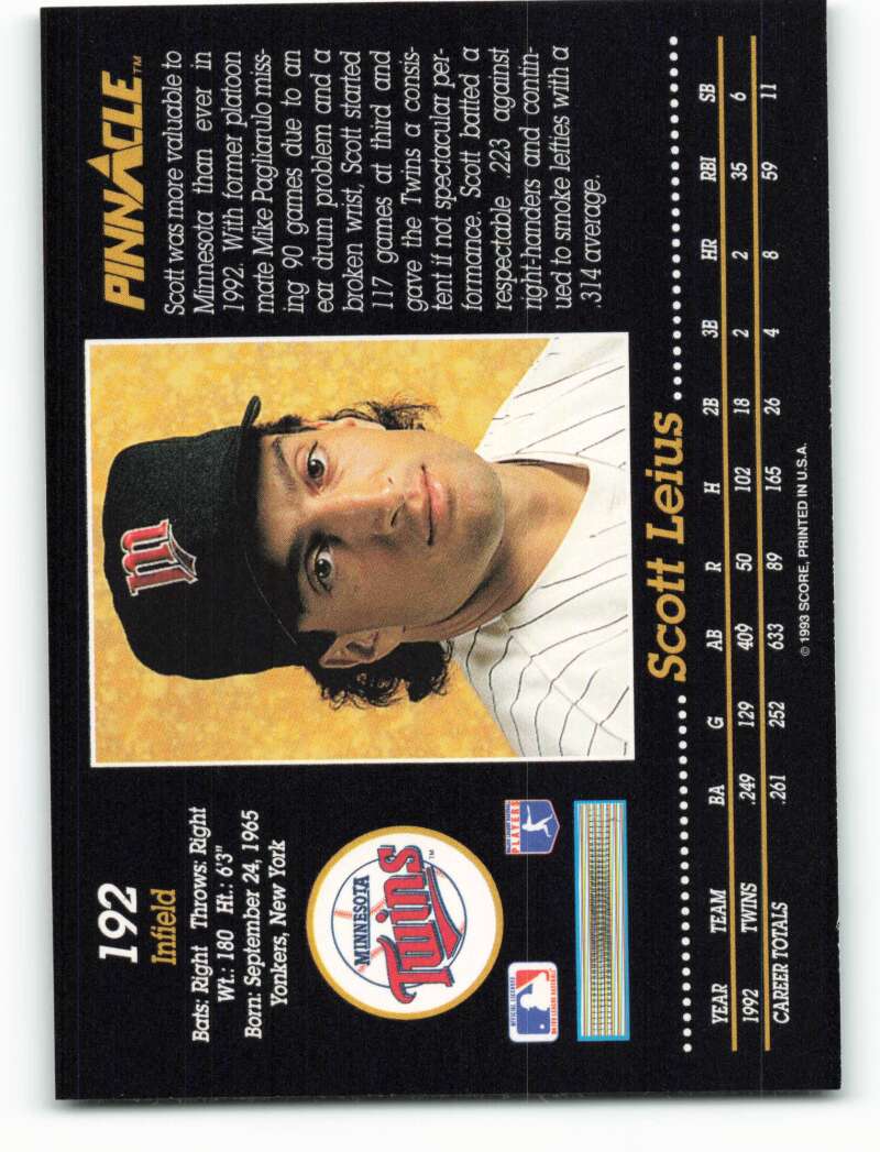 Baseball card of Scott Leius from the Minnesota Twins in a navy blue cap