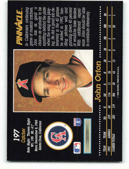 Baseball card of John Orton in navy cap, California Angels team logo visible