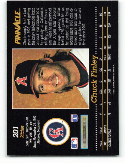 Baseball card of Chuck Finley in navy blue cap, California Angels, 1993 Pinnacle