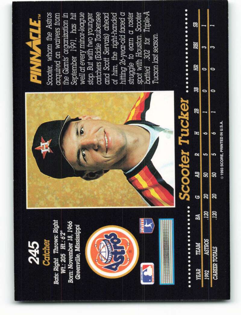 1993 Pinnacle #245 Scooter Tucker NM-MT Houston Astros Baseball Card Image 2