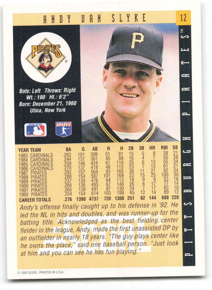 Baseball card of Andy Van Slyke showcasing Pittsburgh Pirates with black P cap