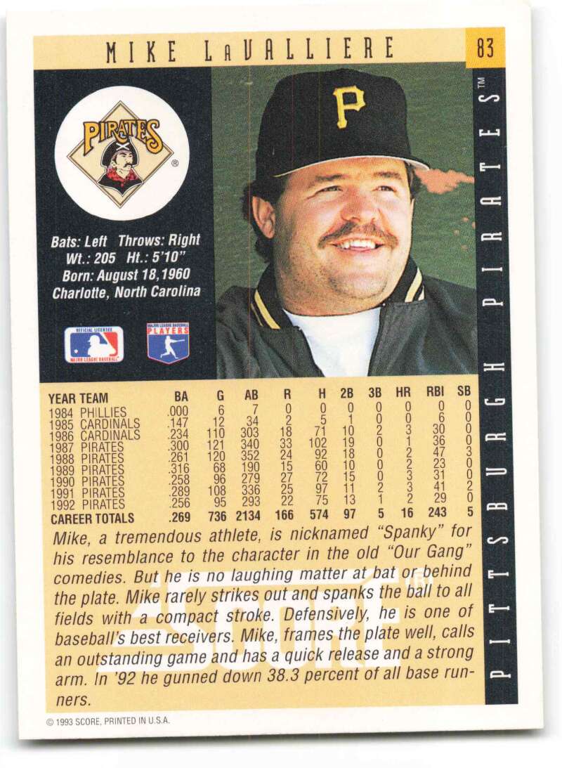 Baseball card of Mike LaValliere in black and yellow Pittsburgh Pirates cap