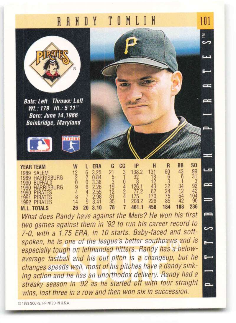 Baseball card of Randy Tomlin from the Pittsburgh Pirates in a black P cap