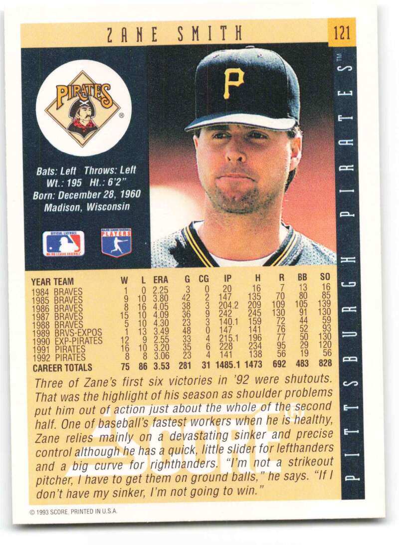 Baseball card of Zane Smith in a black P cap for Pittsburgh Pirates collectors