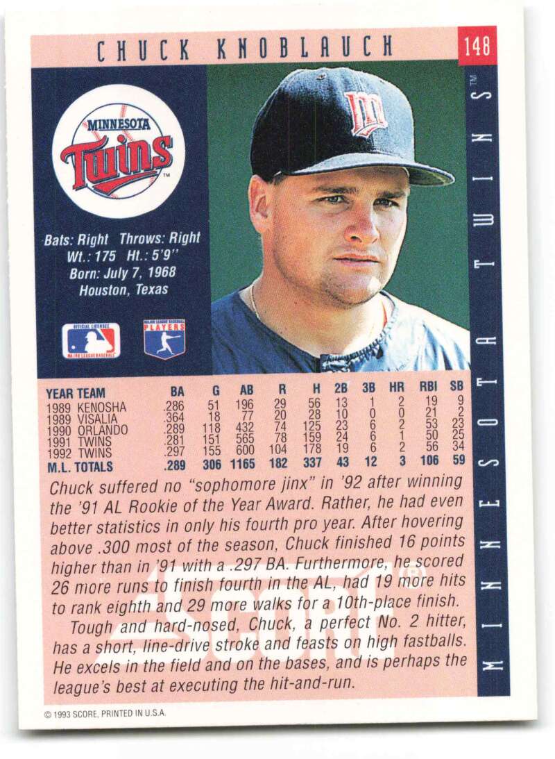 Baseball card of Chuck Knoblauch in Minnesota Twins cap, 1993 Score #148