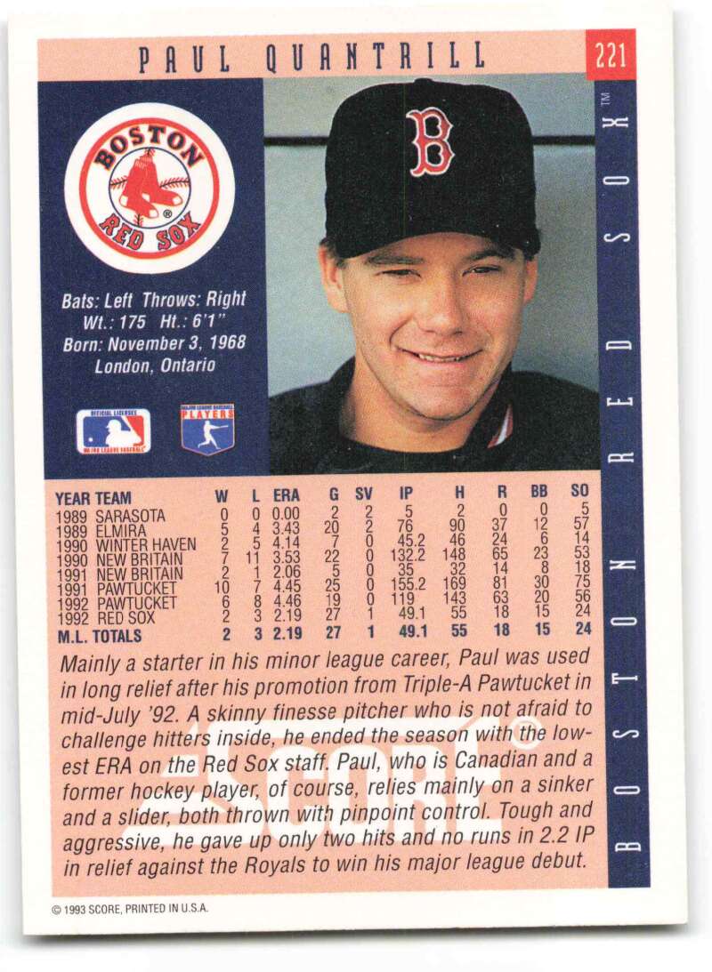 Boston Red Sox baseball card of Paul Quantrill in navy cap with B logo