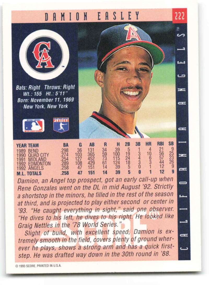 Baseball card of Damion Easley in California Angels cap, 1993 Score #222 collectible