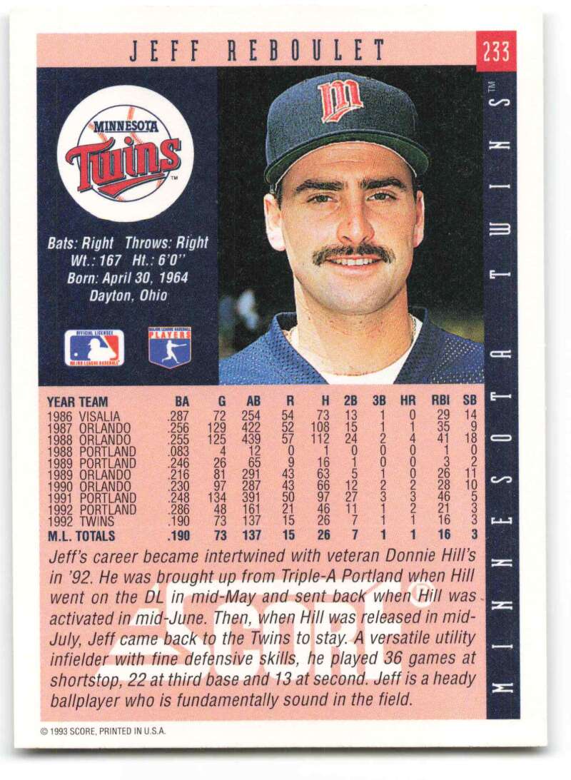 1993 Score Jeff Reboulet Minnesota Twins Baseball Card featuring player stats and info