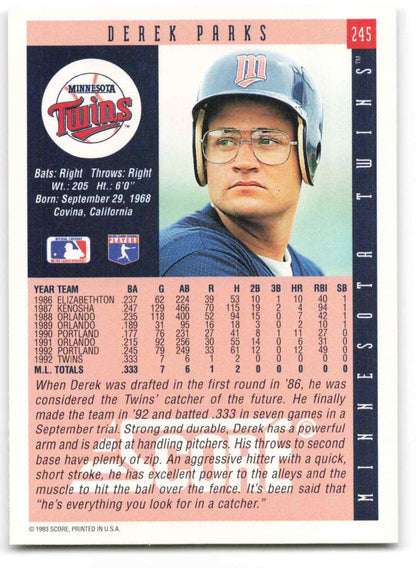 1993 Score #245 Derek Parks Baseball Card showcasing Minnesota Twins player stats