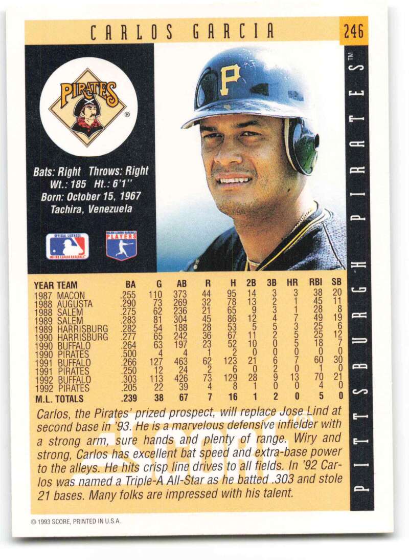 Baseball card of Carlos Garcia in blue helmet for Pittsburgh Pirates 1993 Score #246