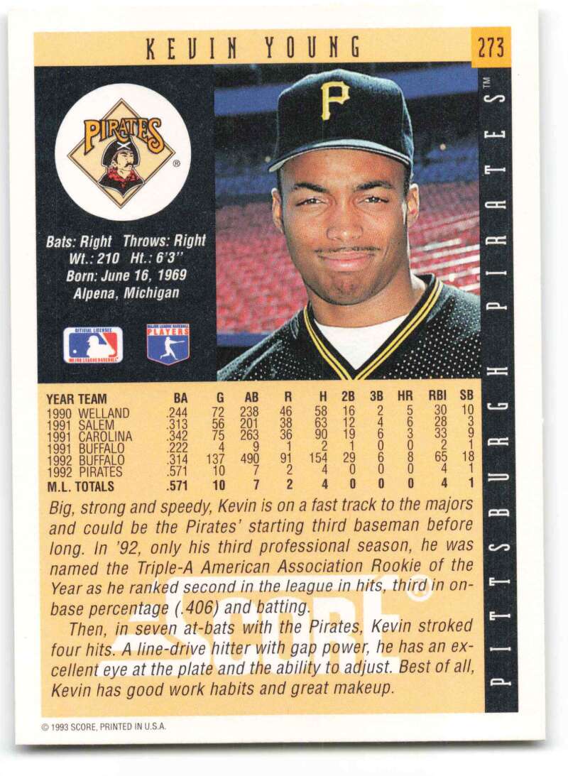 Baseball card of Kevin Young in Pittsburgh Pirates uniform with team P cap