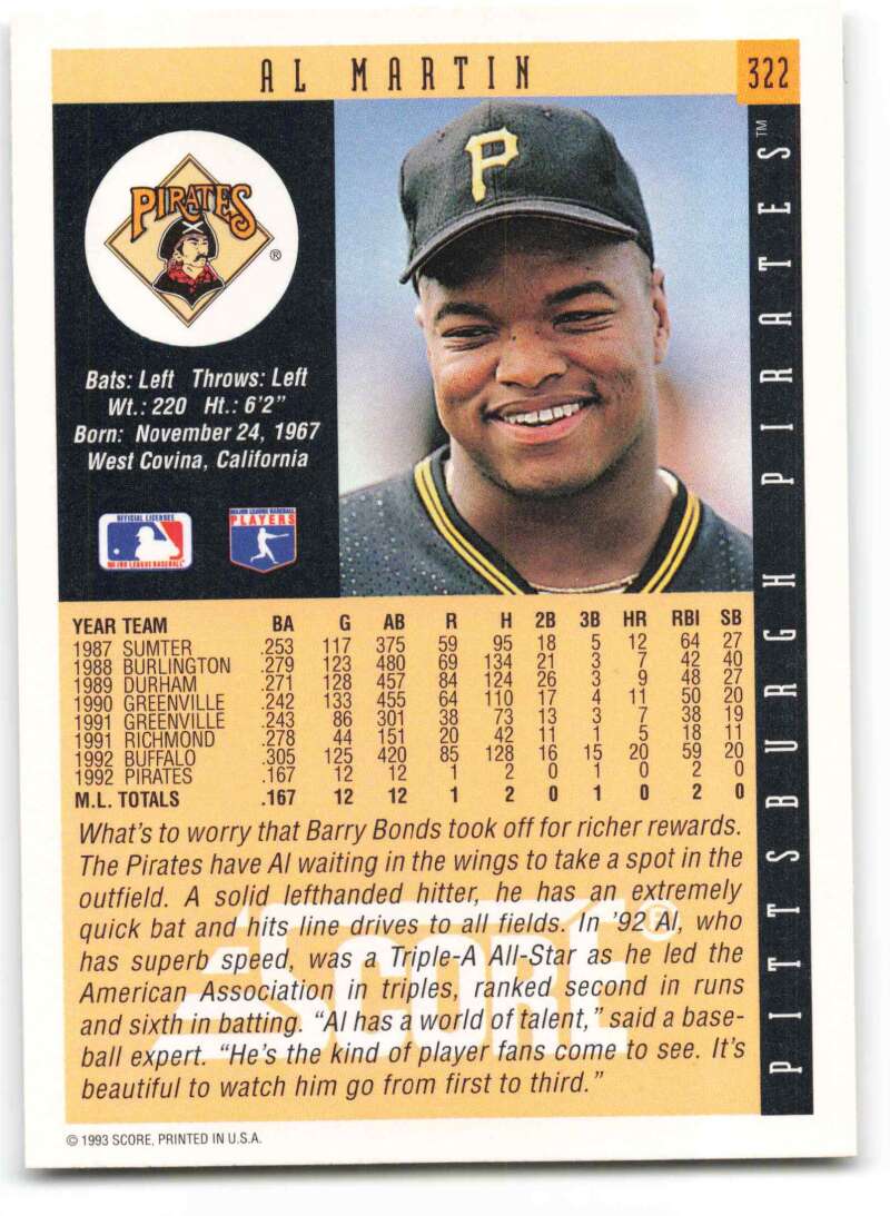 Baseball card of Al Martin, Pittsburgh Pirates player in black and yellow cap