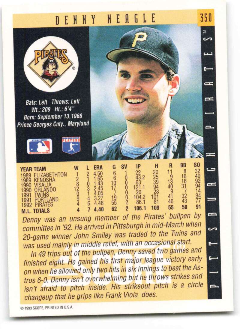 Baseball card of Denny Neagle from the Pittsburgh Pirates featuring team uniform