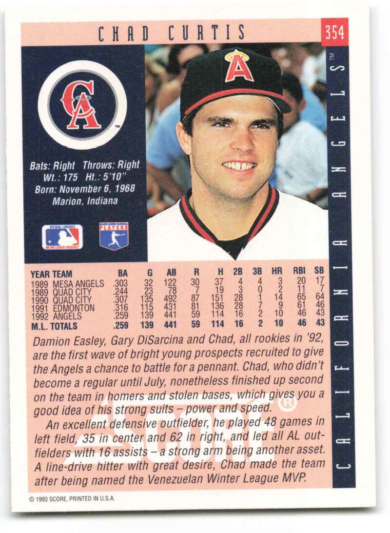 Chad Curtis California Angels baseball card in team uniform and cap from 1993 Score