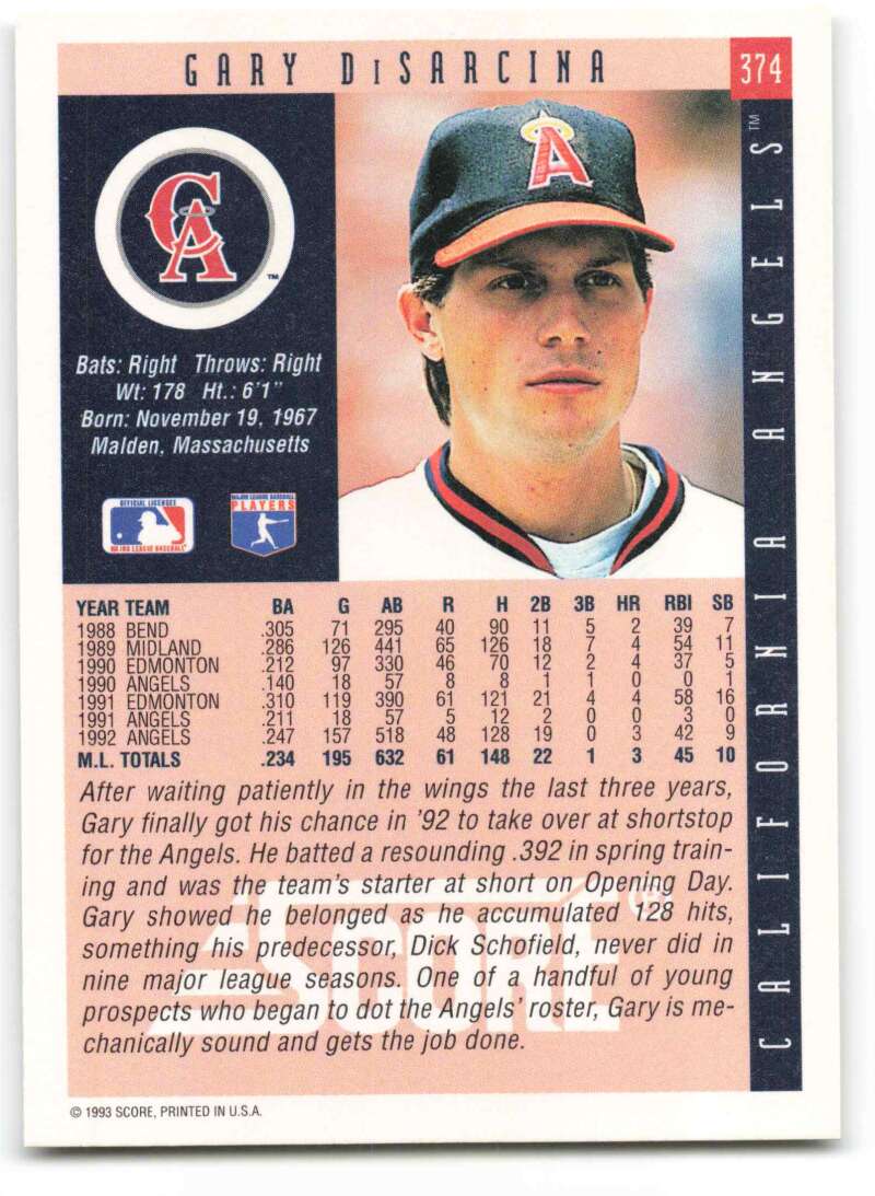 1993 Score #374 Gary DiSarcina Baseball Card showcasing California Angels player stats