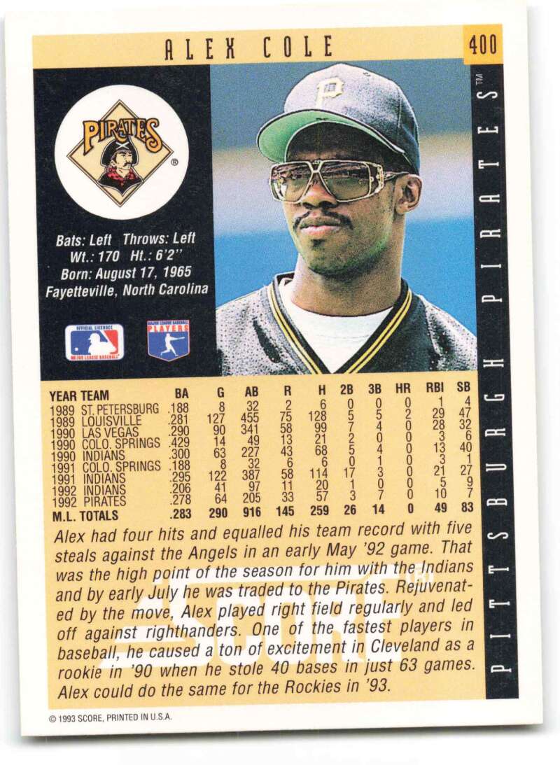 Pittsburgh Pirates baseball card featuring Alex Cole with player stats and bio details