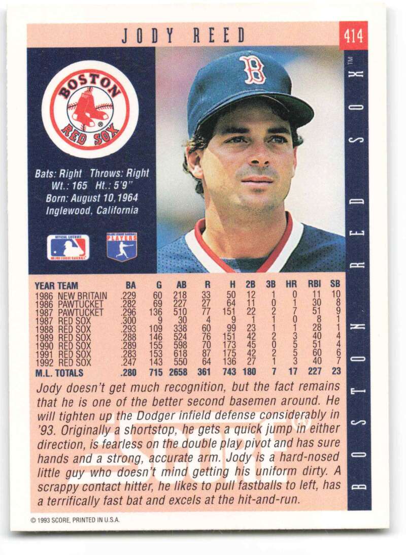 1993 Score Jody Reed Baseball Card showcasing Boston Red Sox player stats and bio