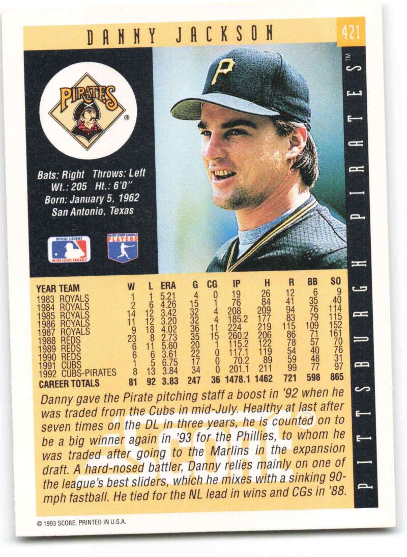 Baseball card of Danny Jackson in a black Pirates cap from the 1993 Score series