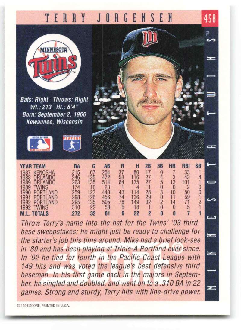 1993 Score #458 Terry Jorgensen Minnesota Twins Baseball Card in NM-MT condition