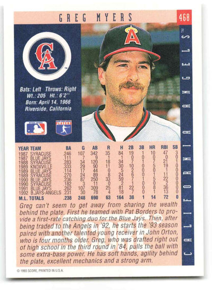 California Angels Greg Myers baseball card with player statistics and biography