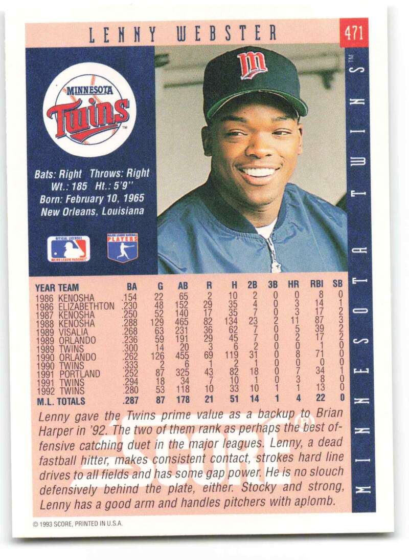 Baseball card of Lenny Webster in blue, representing Minnesota Twins team spirit