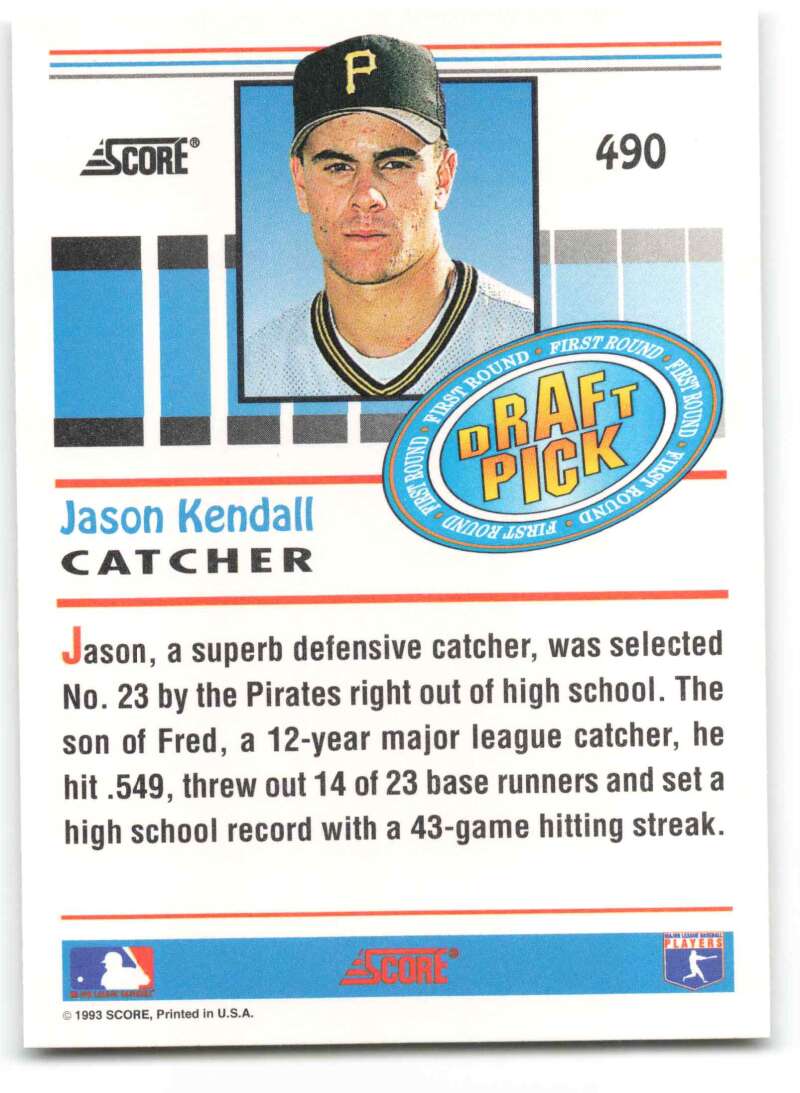 Baseball card of Jason Kendall, Rookie Pittsburgh Pirates catcher from 1993 Score