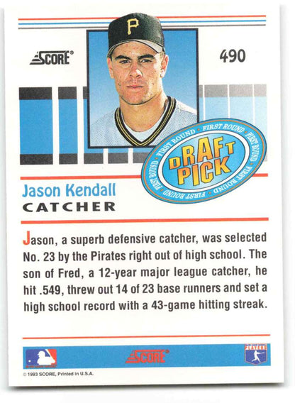 Baseball card of Jason Kendall, Rookie Pittsburgh Pirates catcher from 1993 Score