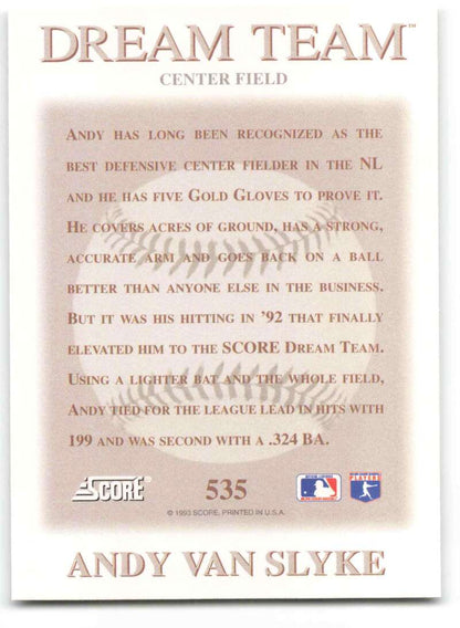 Baseball card showcasing Andy Van Slyke’s defensive skills and hitting stats