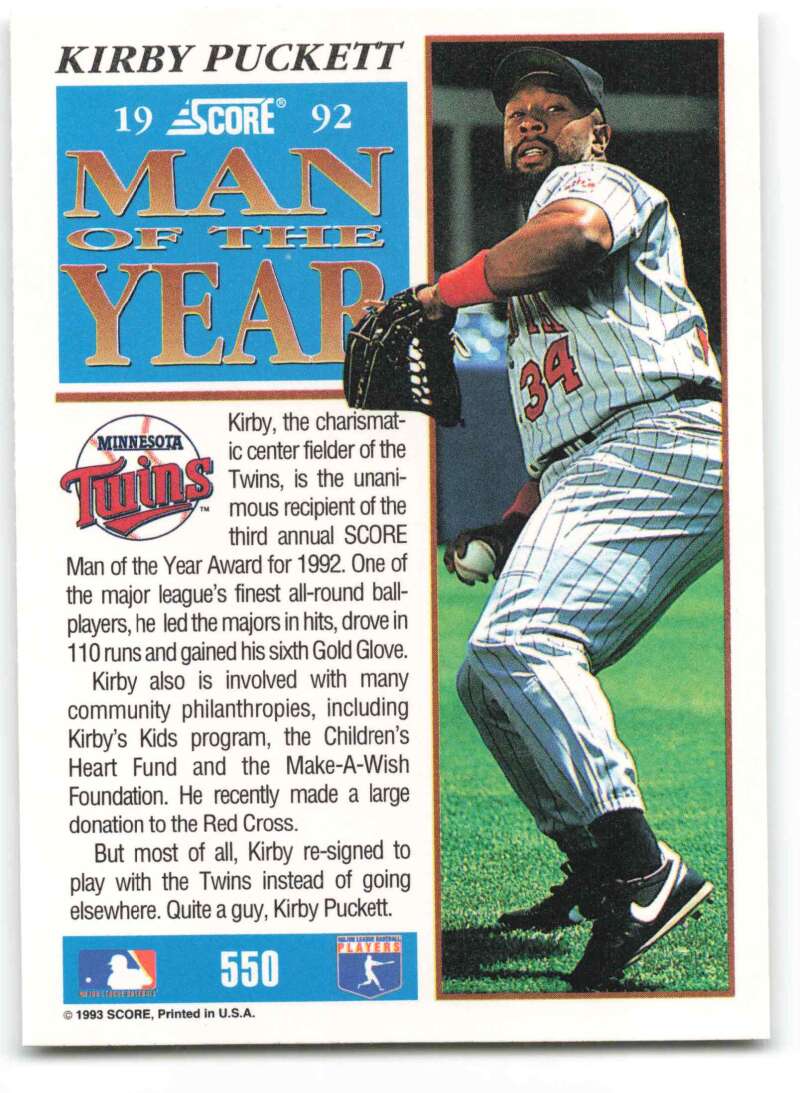 Kirby Puckett mid-pitching in uniform number 34 on 1993 Score Minnesota Twins card