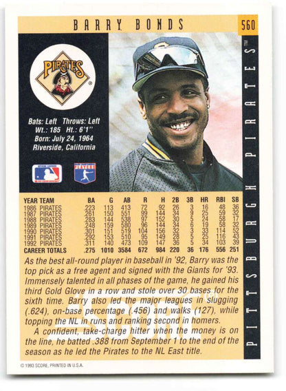 Barry Bonds smiling on a 1993 Score Pittsburgh Pirates baseball card