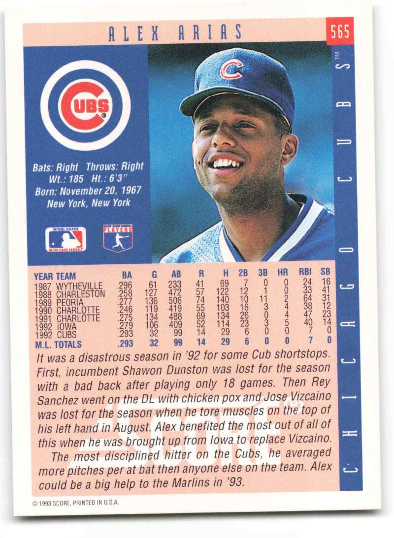 1993 Score #565 Alex Arias baseball card featuring Chicago Cubs player in team uniform