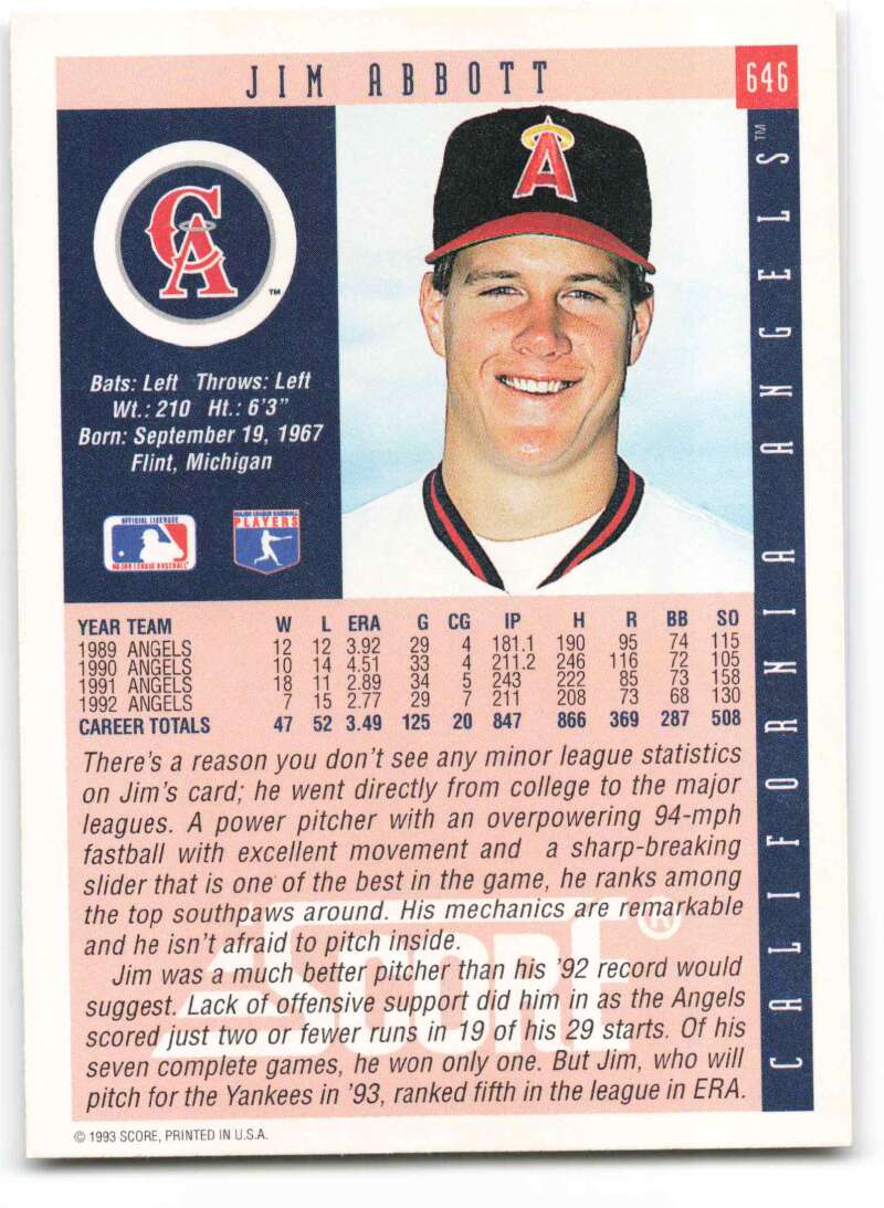 Jim Abbott California Angels baseball card in team cap and uniform from 1993 Score