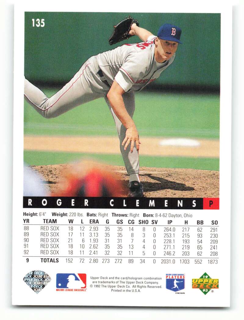 Baseball card of Roger Clemens pitching in Boston Red Sox road uniform