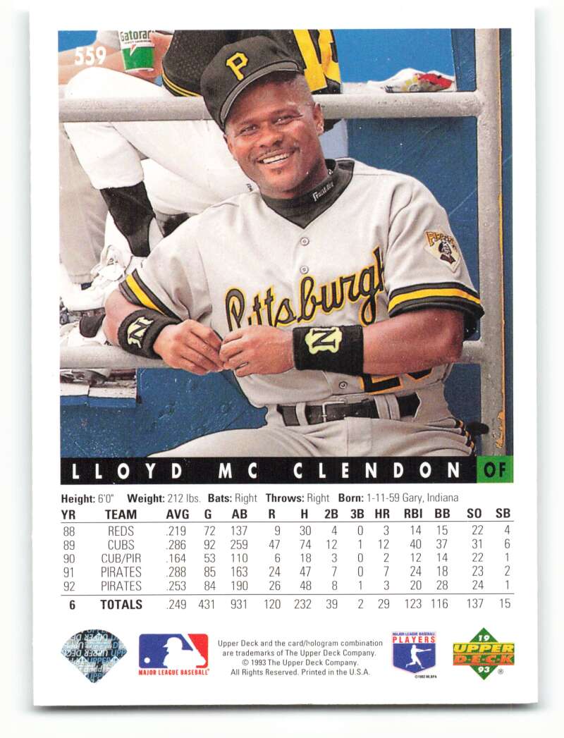 Pittsburgh Pirates baseball card of Lloyd McClendon sitting in dugout, VG condition