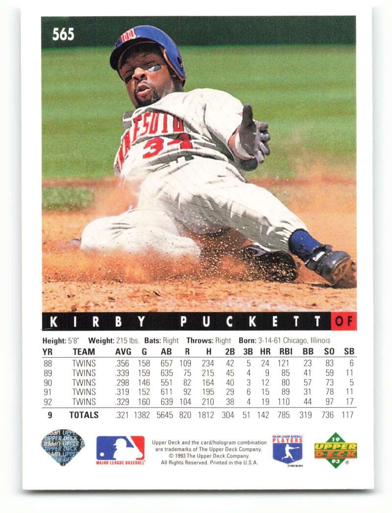 Kirby Puckett sliding into base in dust on 1993 Upper Deck Minnesota Twins Baseball Card