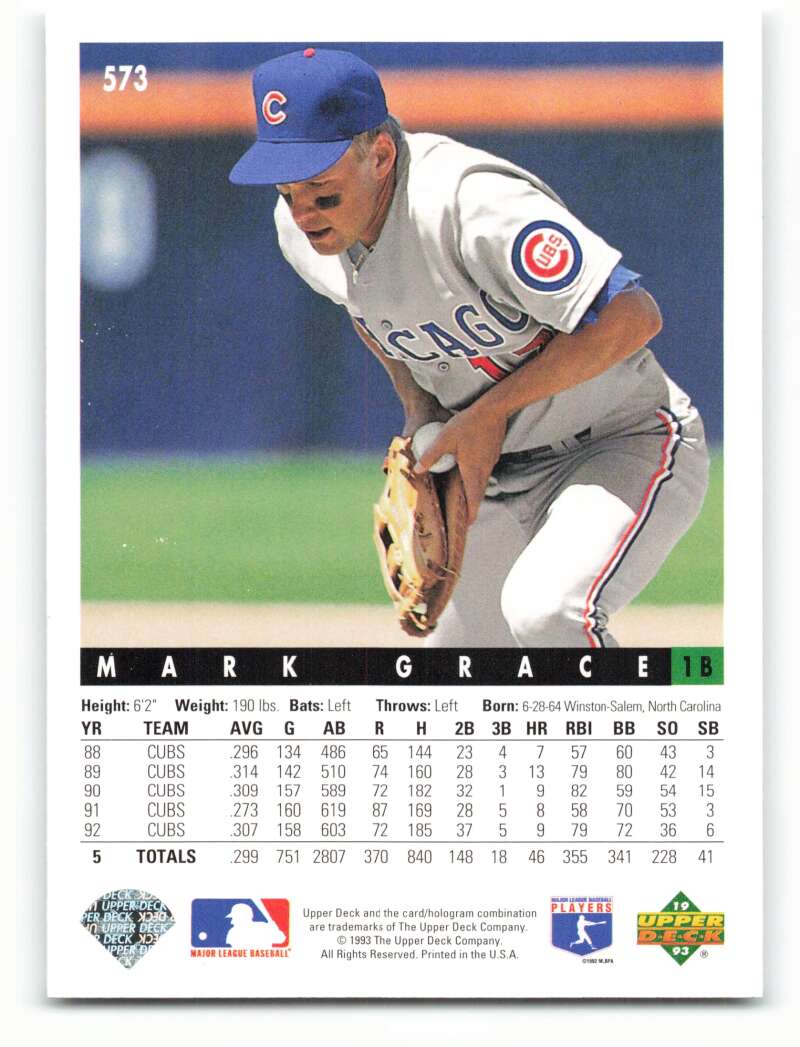 Baseball card of Mark Grace in fielding stance, Chicago Cubs Upper Deck collectible