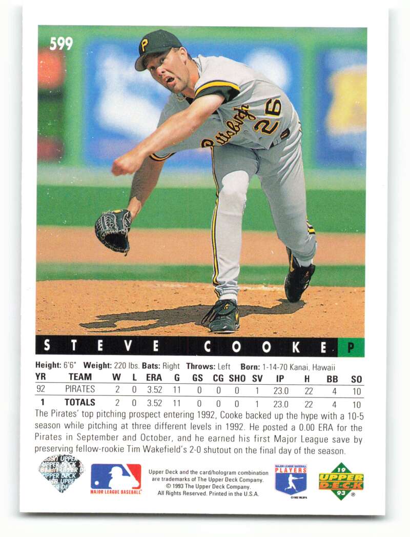 Steve Cooke mid-delivery on his 1993 Upper Deck Pittsburgh Pirates baseball card