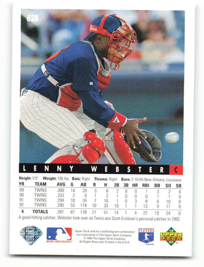 Minnesota Twins 1993 Upper Deck Lenny Webster baseball card featuring a catcher in action