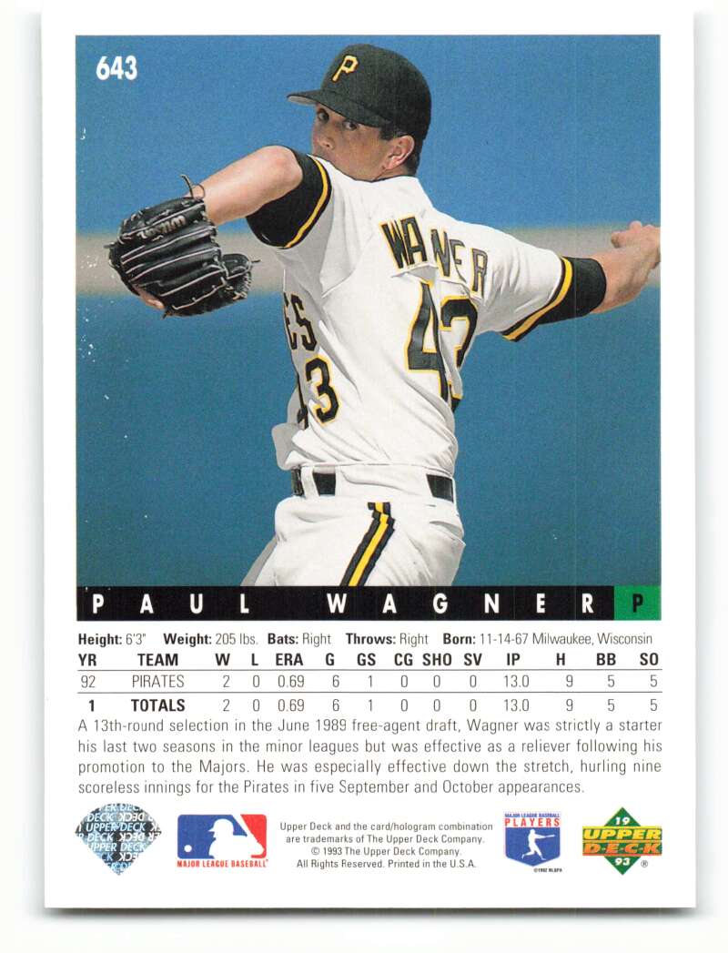 Pittsburgh Pirates pitcher Paul Wagner in mid-throw on 1993 Upper Deck baseball card