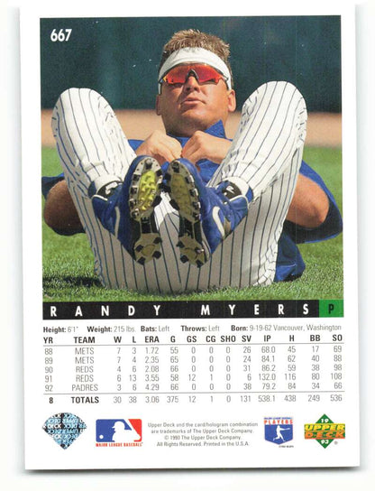 Randy Myers in pinstriped uniform stretching on grass for Chicago Cubs baseball card