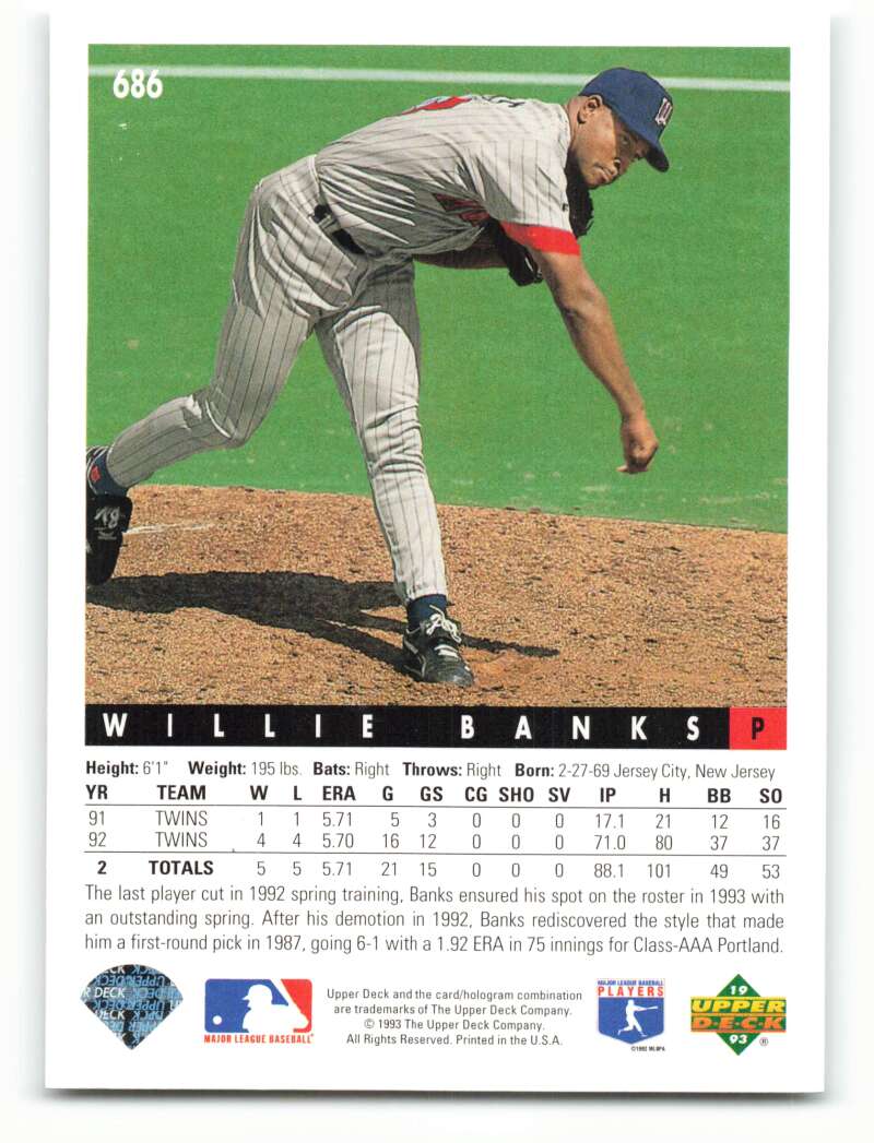 Willie Banks pitching in gray pinstriped uniform on Minnesota Twins baseball card