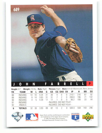 Baseball card of John Farrell pitching in California Angels navy uniform mid-delivery