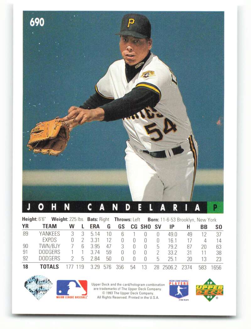 Pittsburgh Pirates pitcher John Candelaria in action on 1993 Upper Deck baseball card