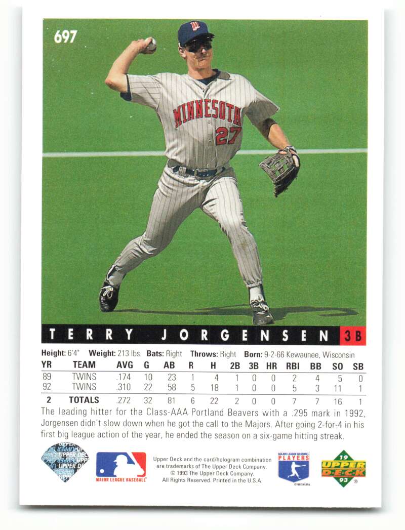 Terry Jorgensen in grey uniform on a Minnesota Twins baseball card making a throw