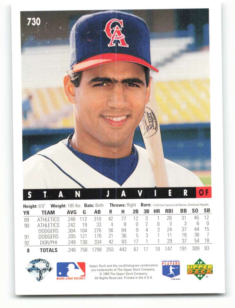 Stan Javier California Angels baseball card with player in navy cap and team logo