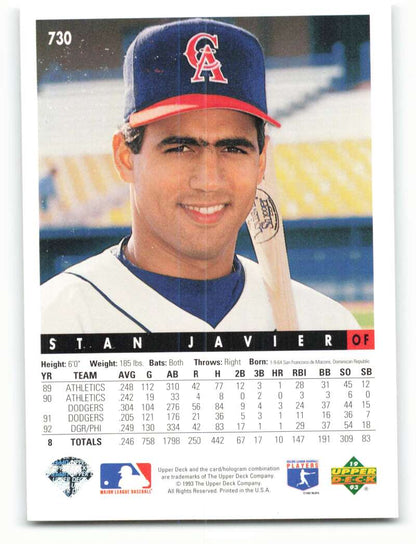 Stan Javier California Angels baseball card with player in navy cap and team logo