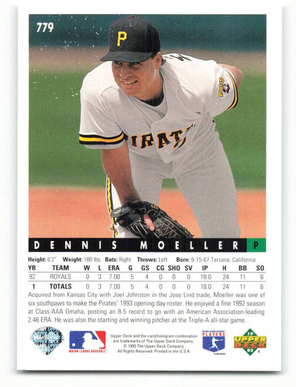 Dennis Moeller 1993 Upper Deck card featuring Pittsburgh Pirates pitcher in home uniform