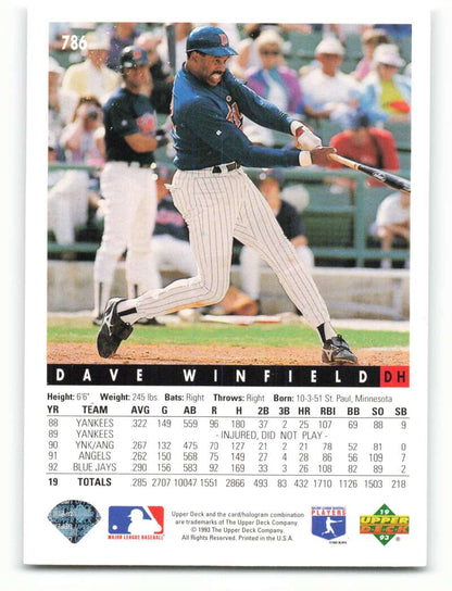 Baseball card featuring Dave Winfield swinging bat for Minnesota Twins in pinstripes